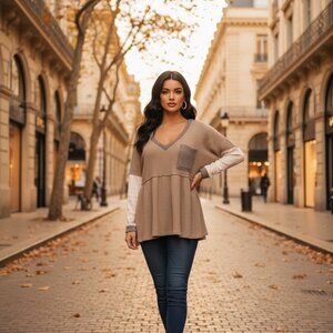 POL Pull Over Top in Brown and White - Medium NWOT